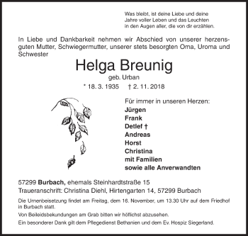 Traueranzeige von Helga Breunig von Siegener Zeitung