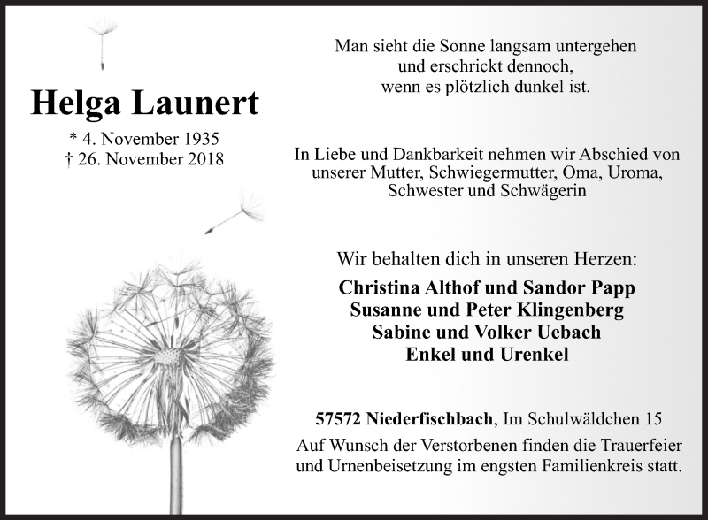  Traueranzeige für Helga Launert vom 29.11.2018 aus Siegener Zeitung