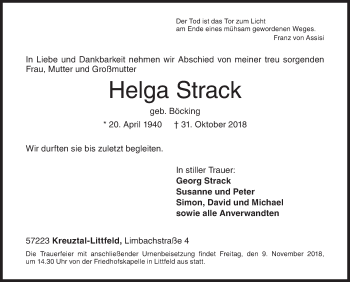 Traueranzeige von Helga Strack von Siegener Zeitung