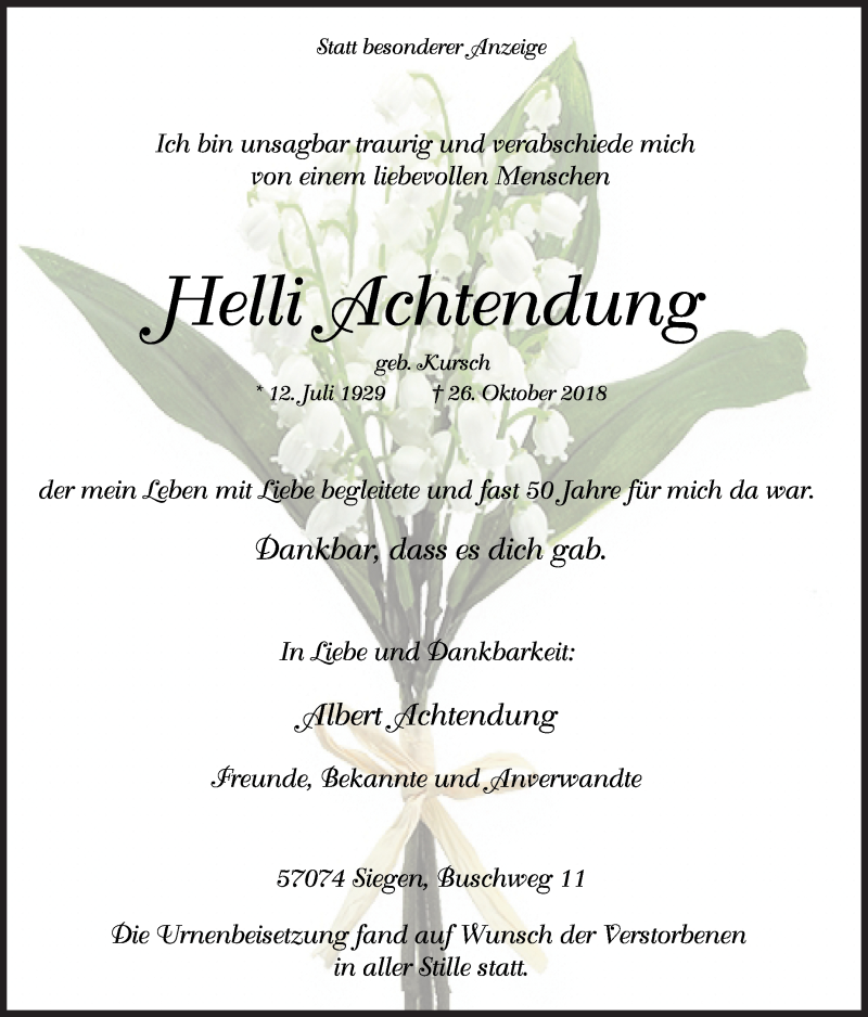  Traueranzeige für Helli Achtendung vom 10.11.2018 aus Siegener Zeitung