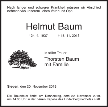 Traueranzeige von Helmut Baum von Siegener Zeitung