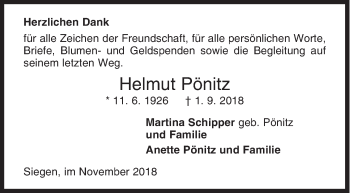 Traueranzeige von Helmut Pönitz von Siegener Zeitung