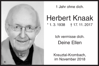 Traueranzeige von Herbert Knaak von Siegener Zeitung