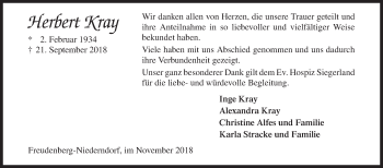 Traueranzeige von Herbert Kray von Siegener Zeitung