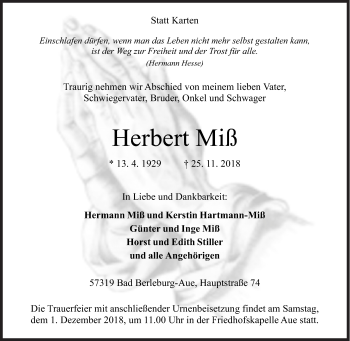 Traueranzeige von Herbert Miß von Siegener Zeitung