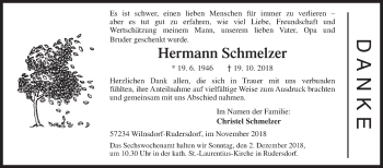 Traueranzeige von Hermann Schmelzer von Siegener Zeitung