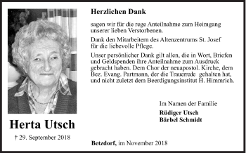 Traueranzeige von Herta Utsch von Siegener Zeitung