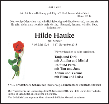 Traueranzeige von Hilde Hauke von Siegener Zeitung