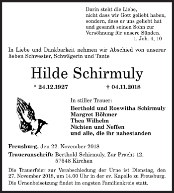 Traueranzeige von Hilde Schirmuly von Siegener Zeitung