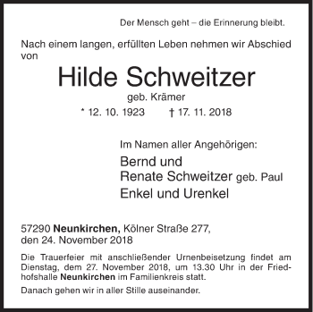 Traueranzeige von Hilde Schweitzer von Siegener Zeitung