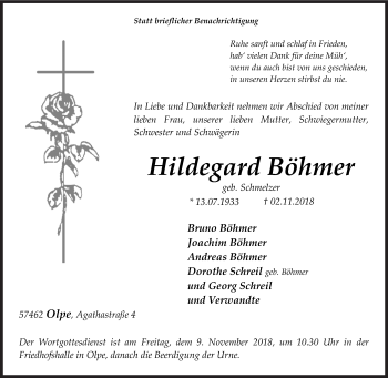 Traueranzeige von Hildegard Böhmer von Siegener Zeitung
