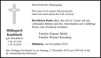 Traueranzeige von Hildegard Knobloch von Siegener Zeitung