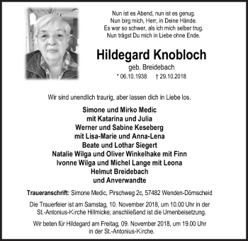 Traueranzeige von Hildegard Knobloch von Siegener Zeitung