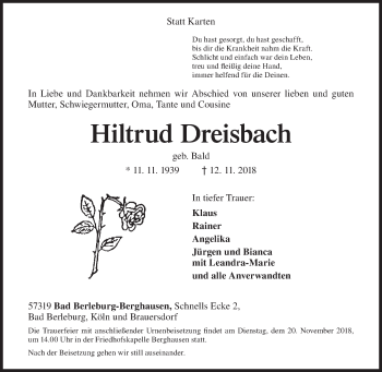 Traueranzeige von Hiltrud Dreisbach von Siegener Zeitung