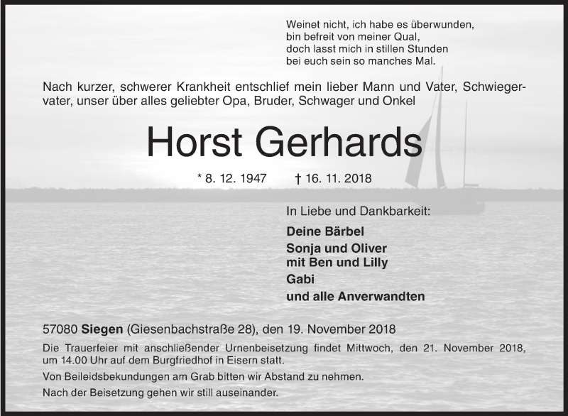  Traueranzeige für Horst Gerhards vom 19.11.2018 aus Siegener Zeitung