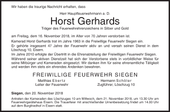 Traueranzeige von Horst Gerhards von Siegener Zeitung