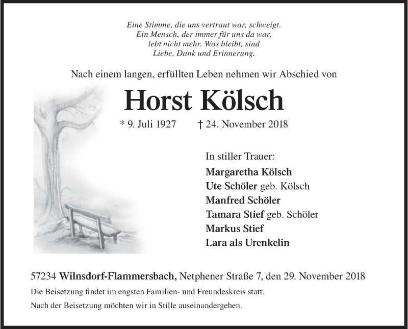  Traueranzeige für Horst Kölsch vom 29.11.2018 aus Siegener Zeitung