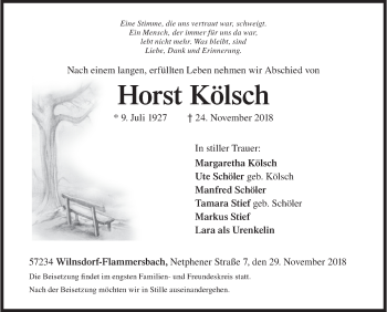 Traueranzeige von Horst Kölsch von Siegener Zeitung