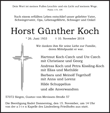 Traueranzeige von Horst Günther Koch von Siegener Zeitung
