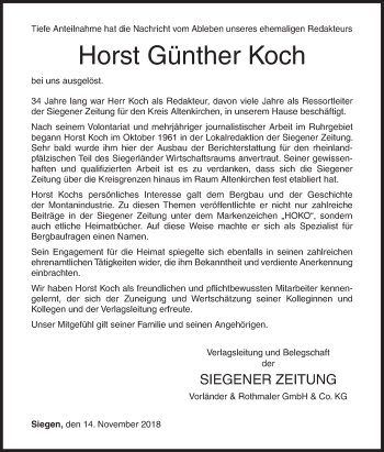 Traueranzeige von Horst Günther Koch von Siegener Zeitung