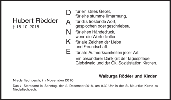 Traueranzeige von Hubert Rödder von Siegener Zeitung