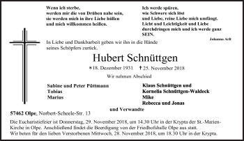 Traueranzeige von Hubert Schnüttgen von Siegener Zeitung