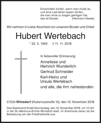 Traueranzeige von Hubert Wertebach von Siegener Zeitung