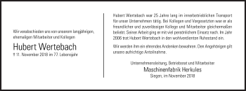 Traueranzeige von Hubert Wertebach von Siegener Zeitung