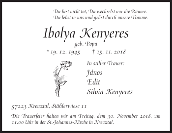 Traueranzeige von Iboiya Kenyeres von Siegener Zeitung