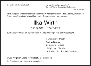 Traueranzeige von Ilka Wirth von Siegener Zeitung