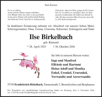 Traueranzeige von Ilse Birkelbach von Siegener Zeitung