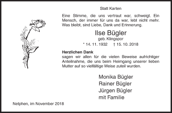 Traueranzeige von Ilse Bügler von Siegener Zeitung
