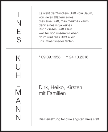 Traueranzeige von Ines Kuhlmann von Siegener Zeitung