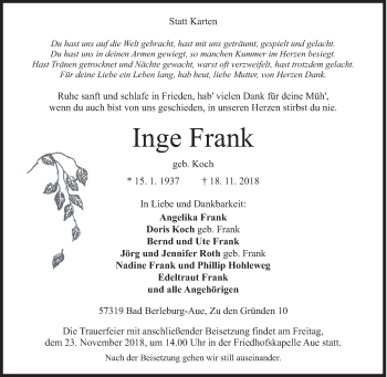 Traueranzeige von Inge Frank von Siegener Zeitung