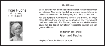 Traueranzeige von Inge Fuchs von Siegener Zeitung