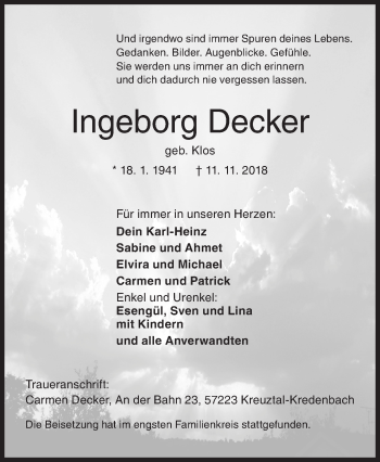 Traueranzeige von Ingeborg Decker von Siegener Zeitung