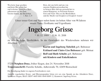 Traueranzeige von Ingeborg Grisse von Siegener Zeitung