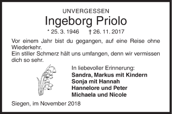 Traueranzeige von Ingeborg Priolo von Siegener Zeitung