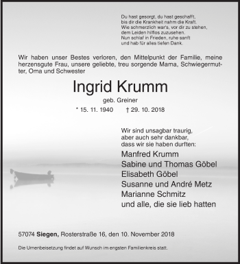 Traueranzeige von Ingrid Krumm von Siegener Zeitung