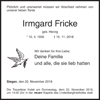 Traueranzeige von Irmgard Fricke von Siegener Zeitung