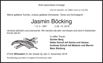 Traueranzeige von Jasmin Böcking von Siegener Zeitung