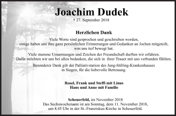 Traueranzeige von Joachim Dudek von Siegener Zeitung
