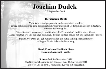 Traueranzeige von Joachim Dudek von Siegener Zeitung