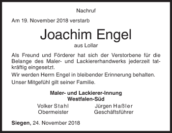 Traueranzeige von Joachim Engel von Siegener Zeitung