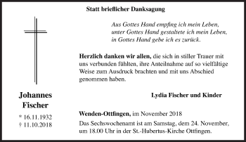 Traueranzeige von Johannes Fischer von Siegener Zeitung