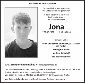 Traueranzeige von Jona  von Siegener Zeitung