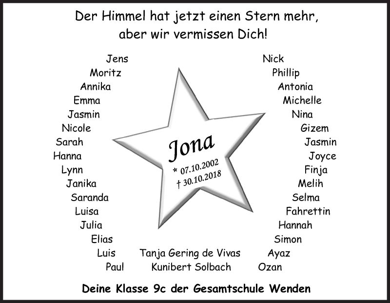  Traueranzeige für Jona  vom 05.11.2018 aus Siegener Zeitung