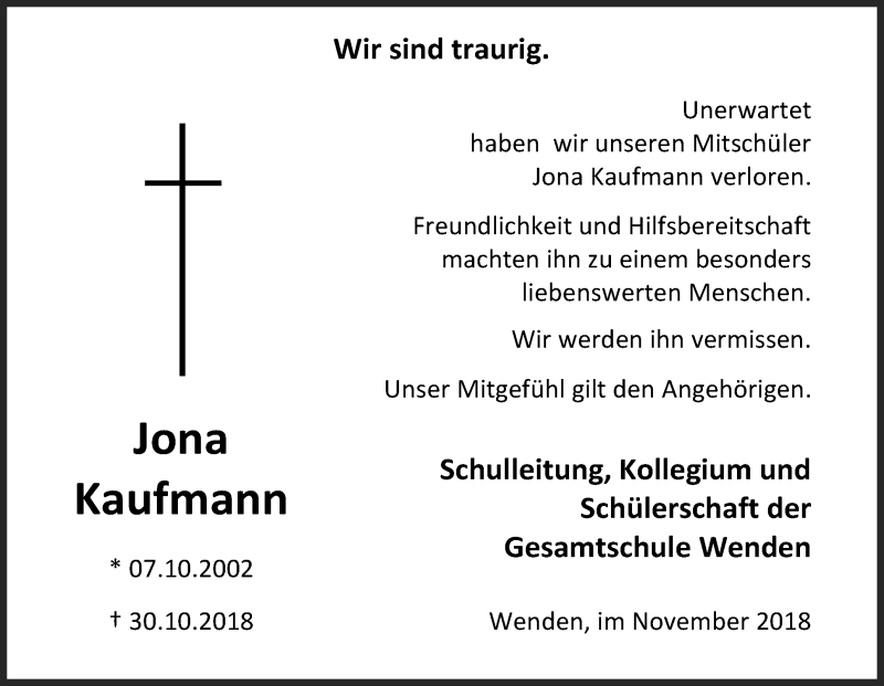  Traueranzeige für Jona Kaufmann vom 06.11.2018 aus Siegener Zeitung