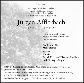 Traueranzeige von Jürgen Afflerbach von Siegener Zeitung