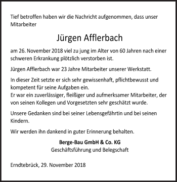 Traueranzeige von Jürgen Afflerbach von Siegener Zeitung